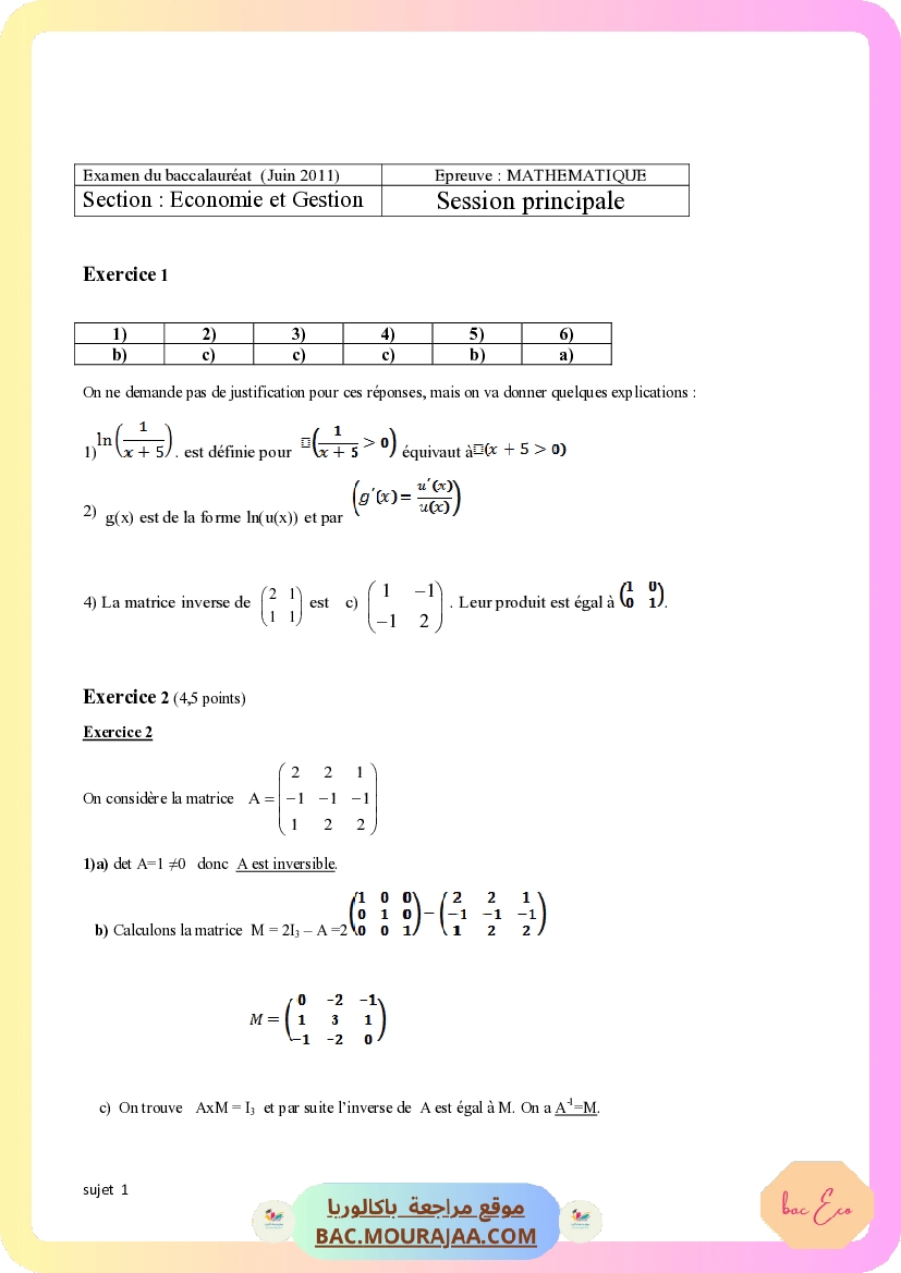 Corrigé principale math Bac 2011 – Section eco
